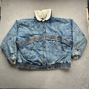 Vintage H Valentina Sherpa Lined Denim Acid Wash Jacket Mens XL Zip Heavyweight